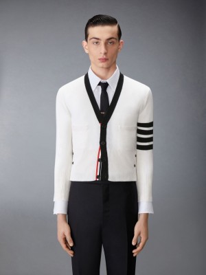 Thom Browne Cashmere Nevermore Intarsia 4-Bar Classic Short Strickjacke Herren Weiß | GDQ49J80558