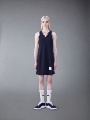 Thom Browne Classic Pique Stripe V-Neck Tennis Kleid Damen Blau | TCQ27H12616