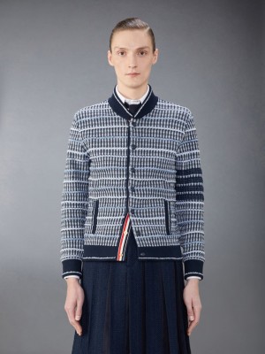 Thom Browne Cotton and Linen Tweed Jacquard 4-Bar Bomber Jacken Herren Blau | AMM19X35612