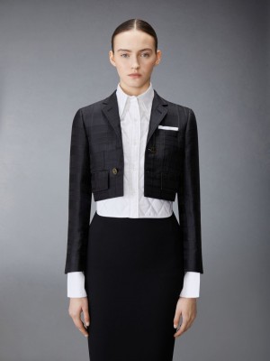 Thom Browne Hunting Tartan 3D Windowpane Jacquard Cropped High Break Sport With Quilted Oxford Shirt Mäntel Damen Schwarz | KLS16R48488