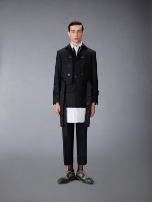 Thom Browne Wool Flannel All in One Modular Bal Collar With Mini Pleated Skirt and Silk Faille Lapel Mäntel Herren Schwarz | KUE62K46983