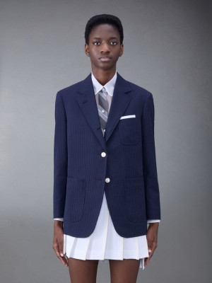 Thom Browne Wool Seersucker Patch Pocket Sport Mäntel Damen Blau | QAE48U27230