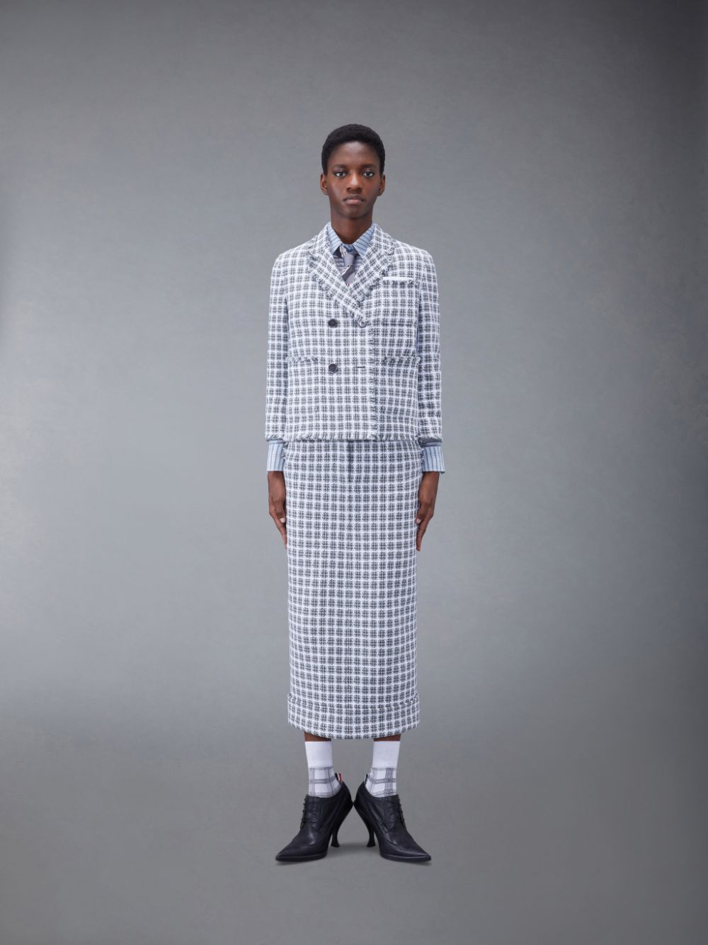 Thom Browne Check Summer Tweed Fray Cropped Sack Sport Mäntel Damen Grau | LMK22X31517