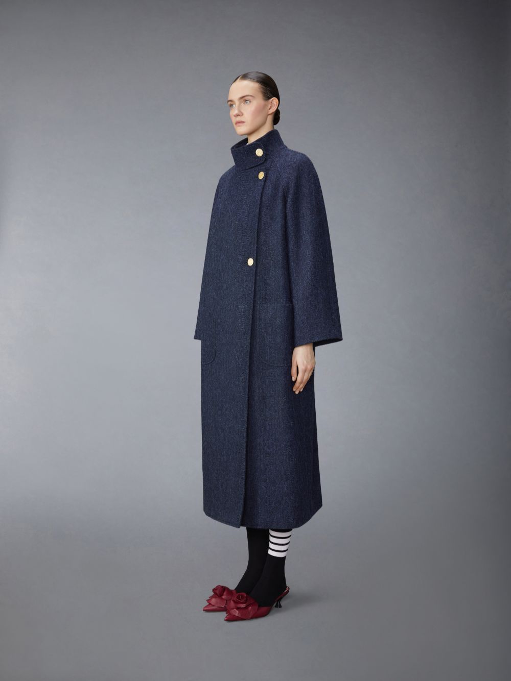 Thom Browne Herringbone Harris Tweed Midi Raglan Funnel Neck Mäntel Damen Blau | GZW85A63780