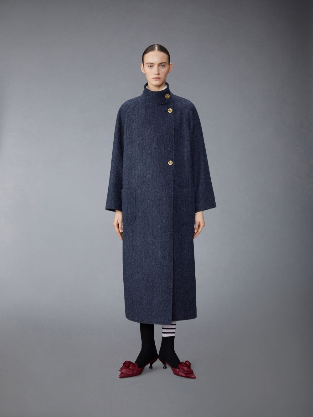 Thom Browne Herringbone Harris Tweed Midi Raglan Funnel Neck Mäntel Damen Blau | GZW85A63780