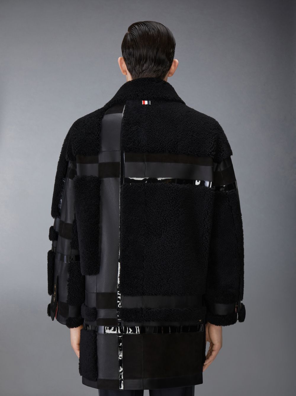 Thom Browne Intarsia Mixed Leather Dyed Shearling Oversized Mäntel Herren Schwarz | ILB50X02675