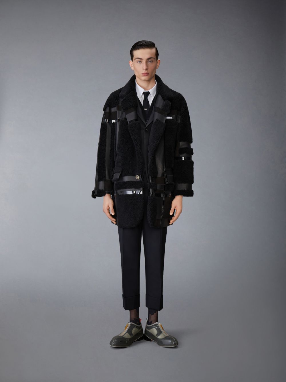 Thom Browne Intarsia Mixed Leather Dyed Shearling Oversized Mäntel Herren Schwarz | ILB50X02675