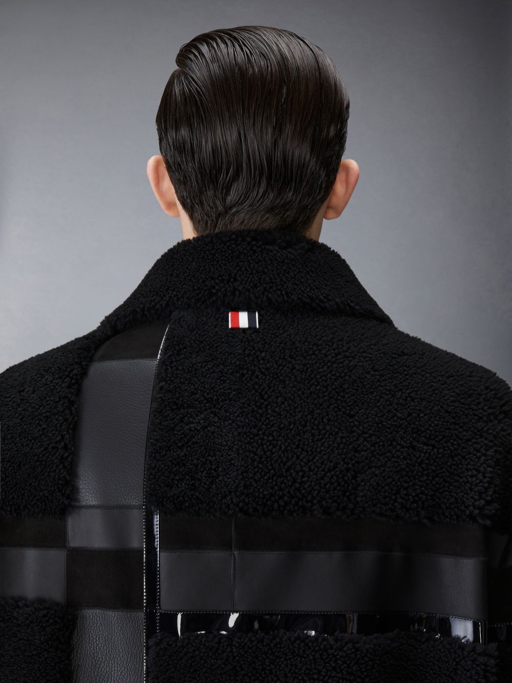 Thom Browne Intarsia Mixed Leather Dyed Shearling Oversized Mäntel Herren Schwarz | ILB50X02675