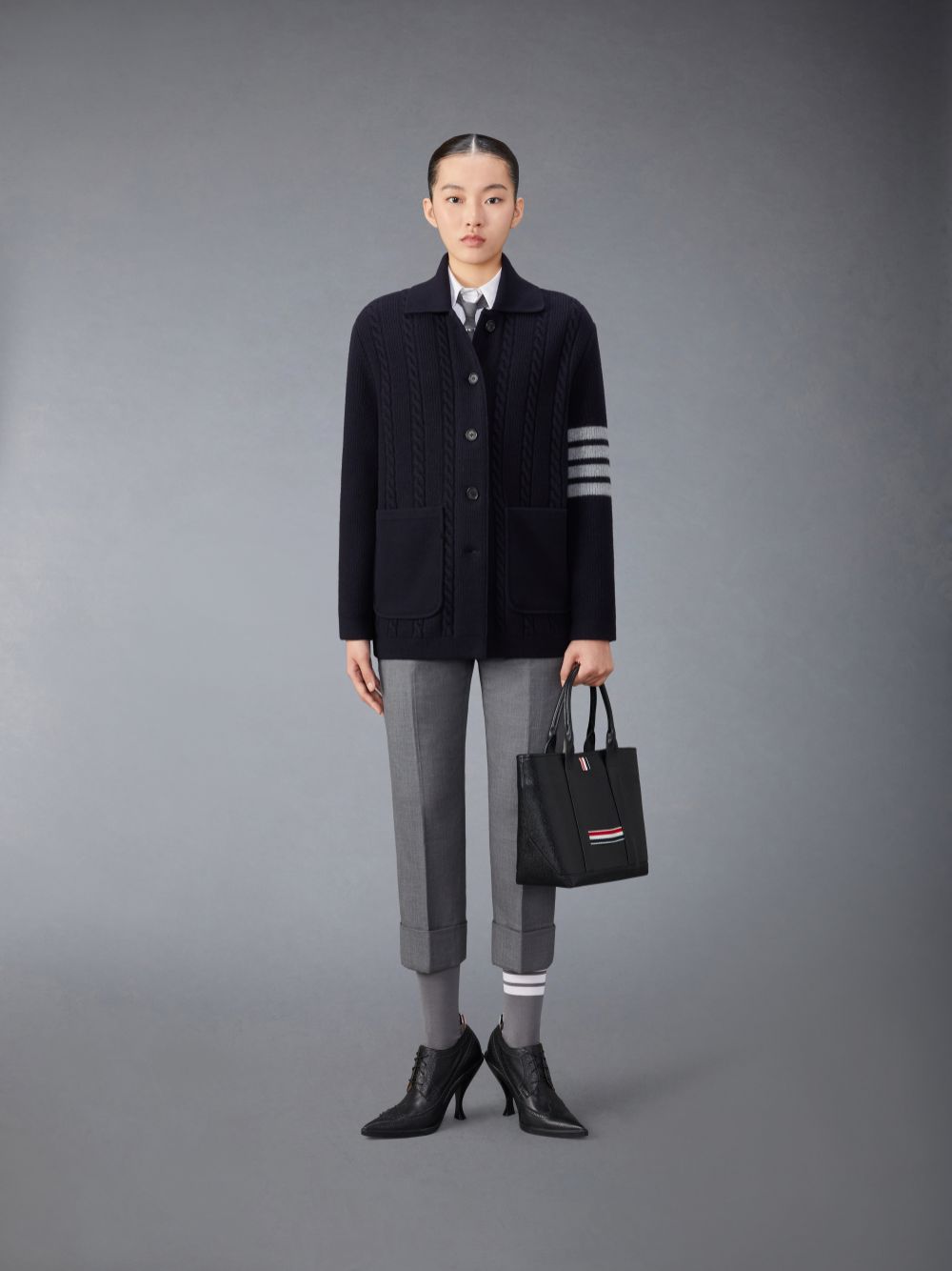 Thom Browne Merino Wool and Cotton 4-Bar Cable Mäntel Damen Blau | DKF00V79631