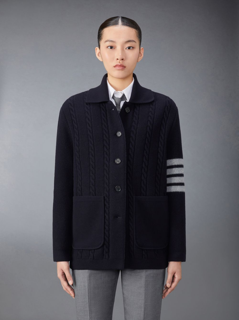 Thom Browne Merino Wool and Cotton 4-Bar Cable Mäntel Damen Blau | DKF00V79631