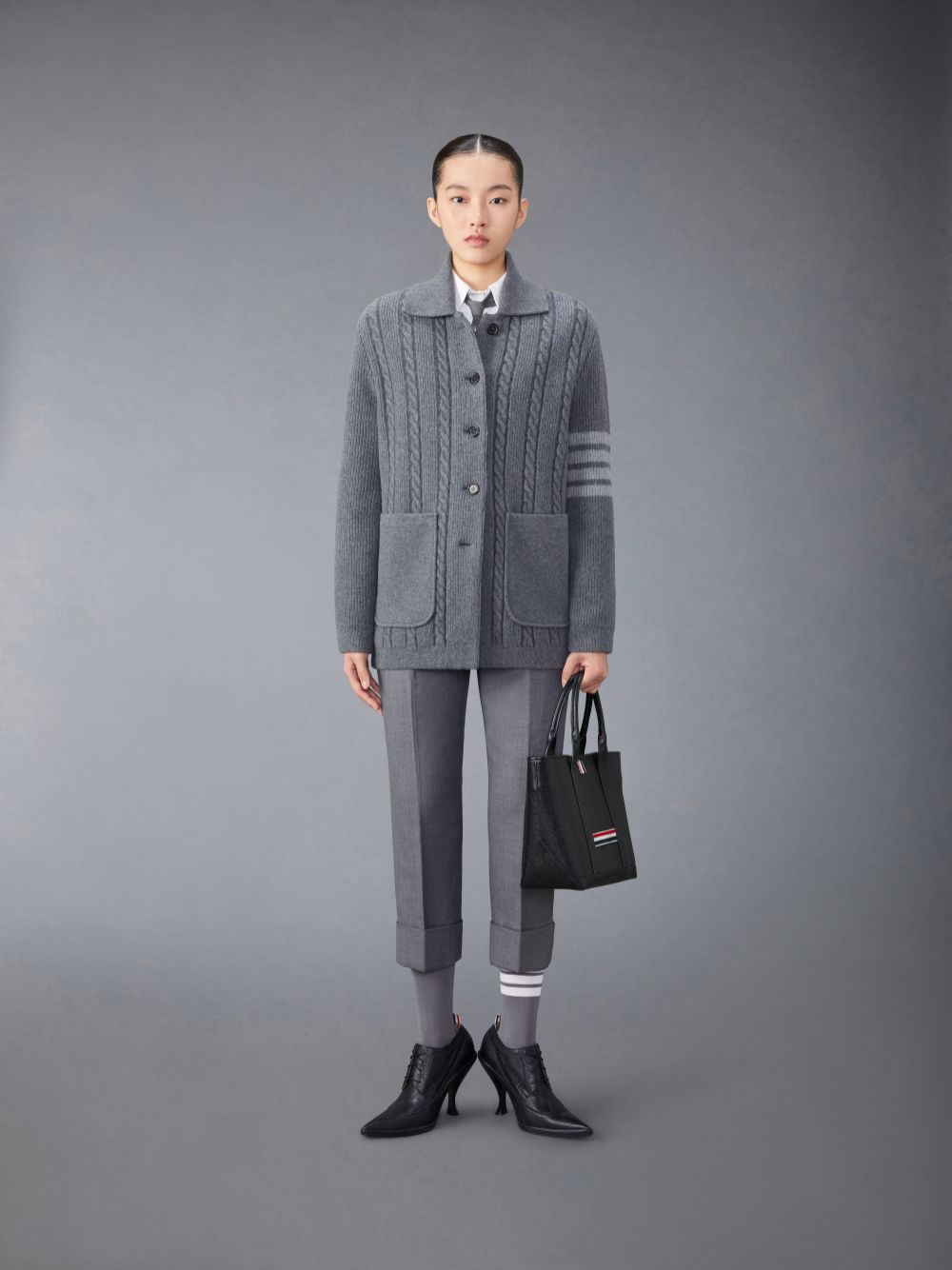 Thom Browne Merino Wool and Cotton 4-Bar Cable Mäntel Damen Grau | IXX86M79335