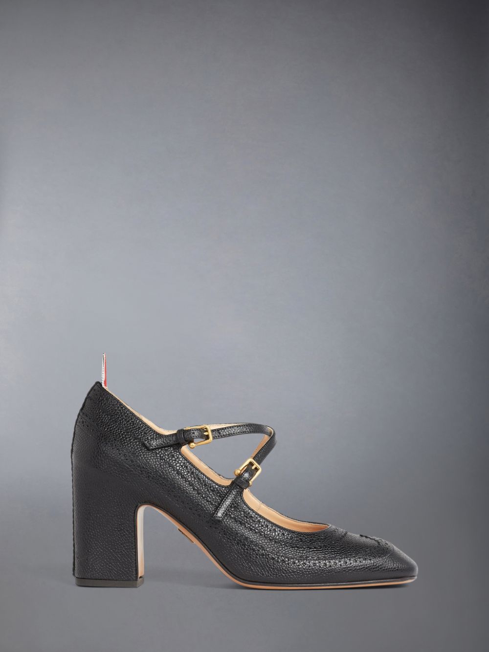 Thom Browne Pebble Grain Leather Brogued 75mm Block Heel Criss Cross Mary Jane Schuhe Damen Schwarz | MIH09A39094