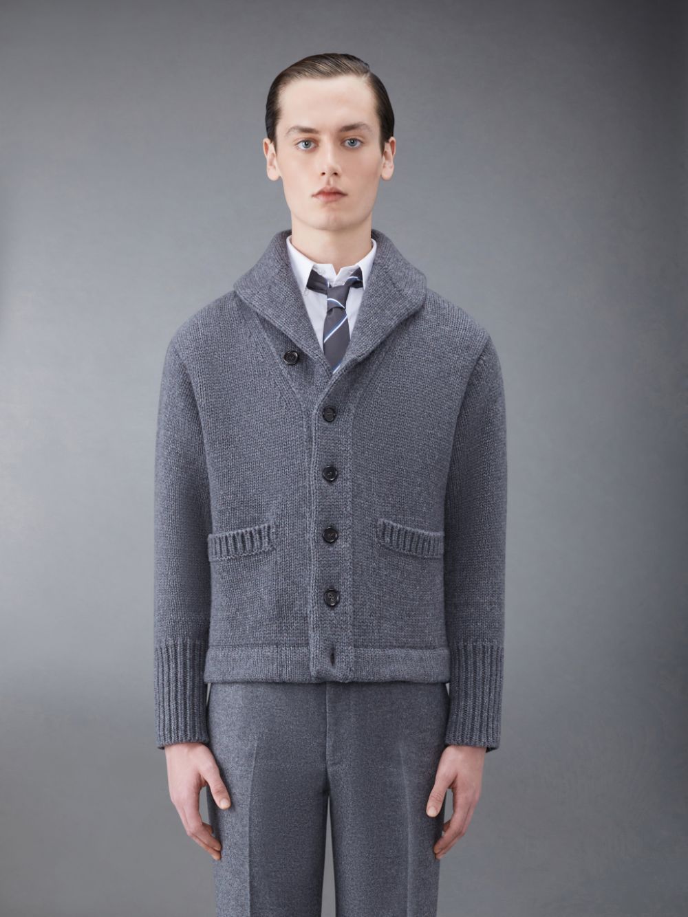 Thom Browne Super Chunky Cashmere Jersey Shawl Collar Strickjacke Herren Grau | UZL00R43572