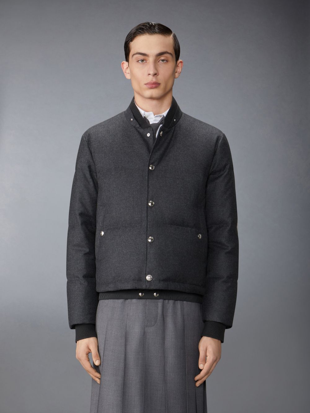 Thom Browne Wool Flannel Down Fill Hood Bomber Jacken Herren Grau | XUB08X84725