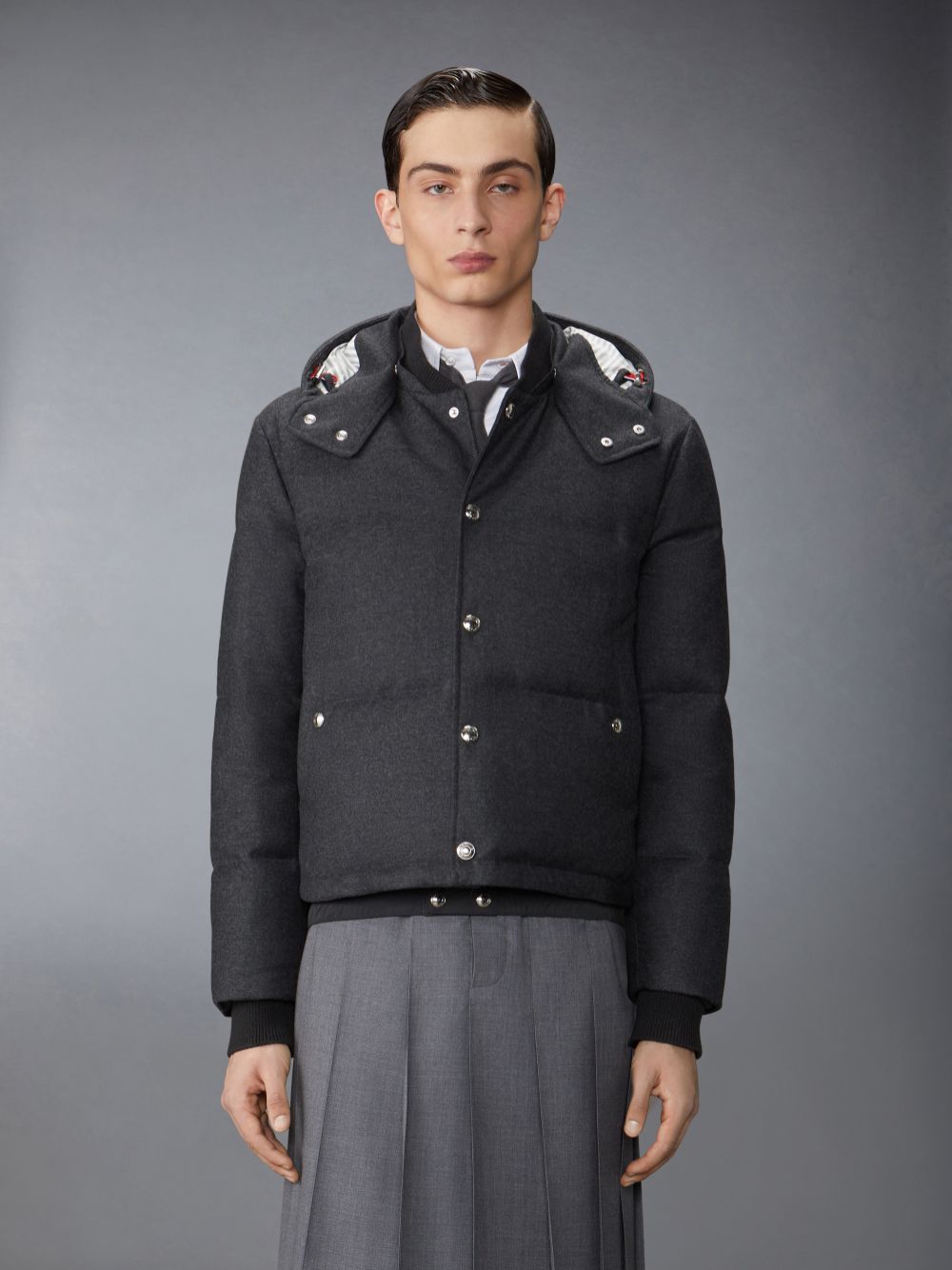Thom Browne Wool Flannel Down Fill Hood Bomber Jacken Herren Grau | XUB08X84725